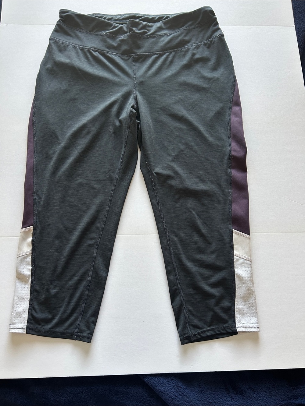 Black Capri Leggings with Purple and Cream Side Panels